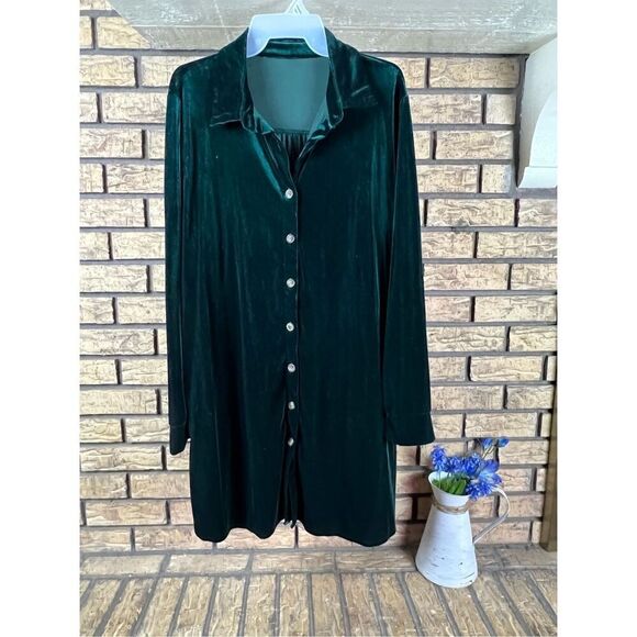 Womens Size Large Dark Green‎ Velvet Short Holiday Vintage Dress Button Up - Picture 1 of 5